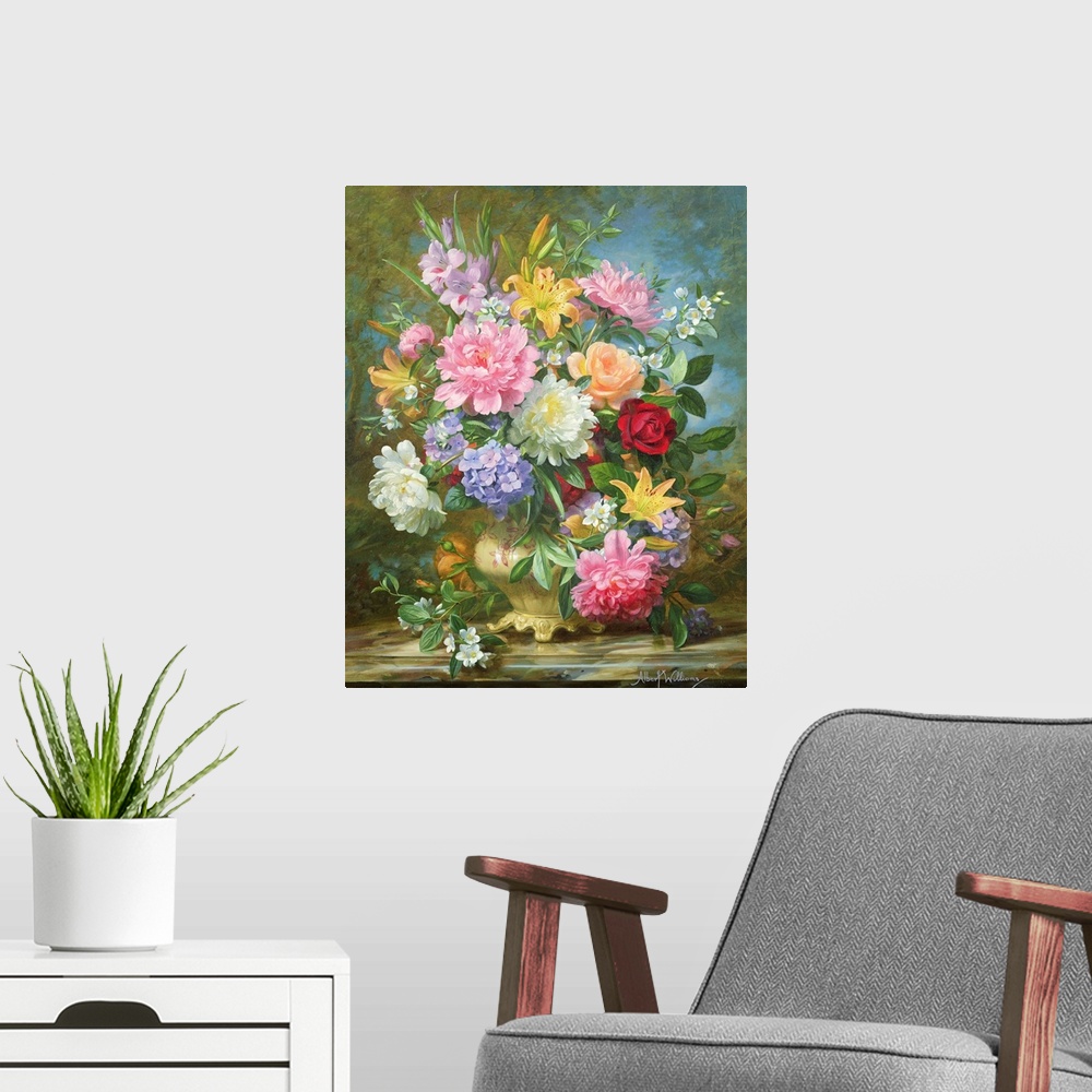 A modern room featuring Peonies and mixed flowers