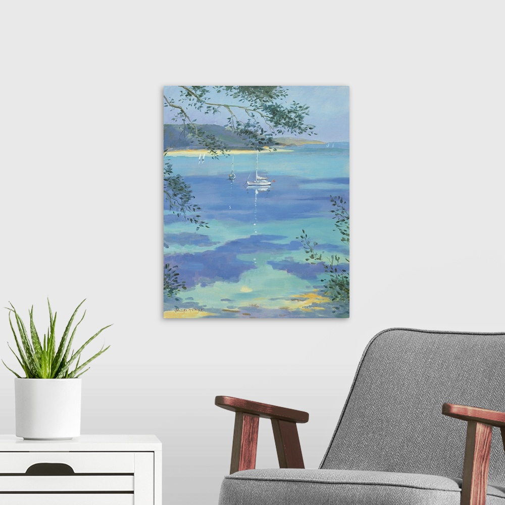 A modern room featuring Contemporary painting of sailboats on the water off the English coast.