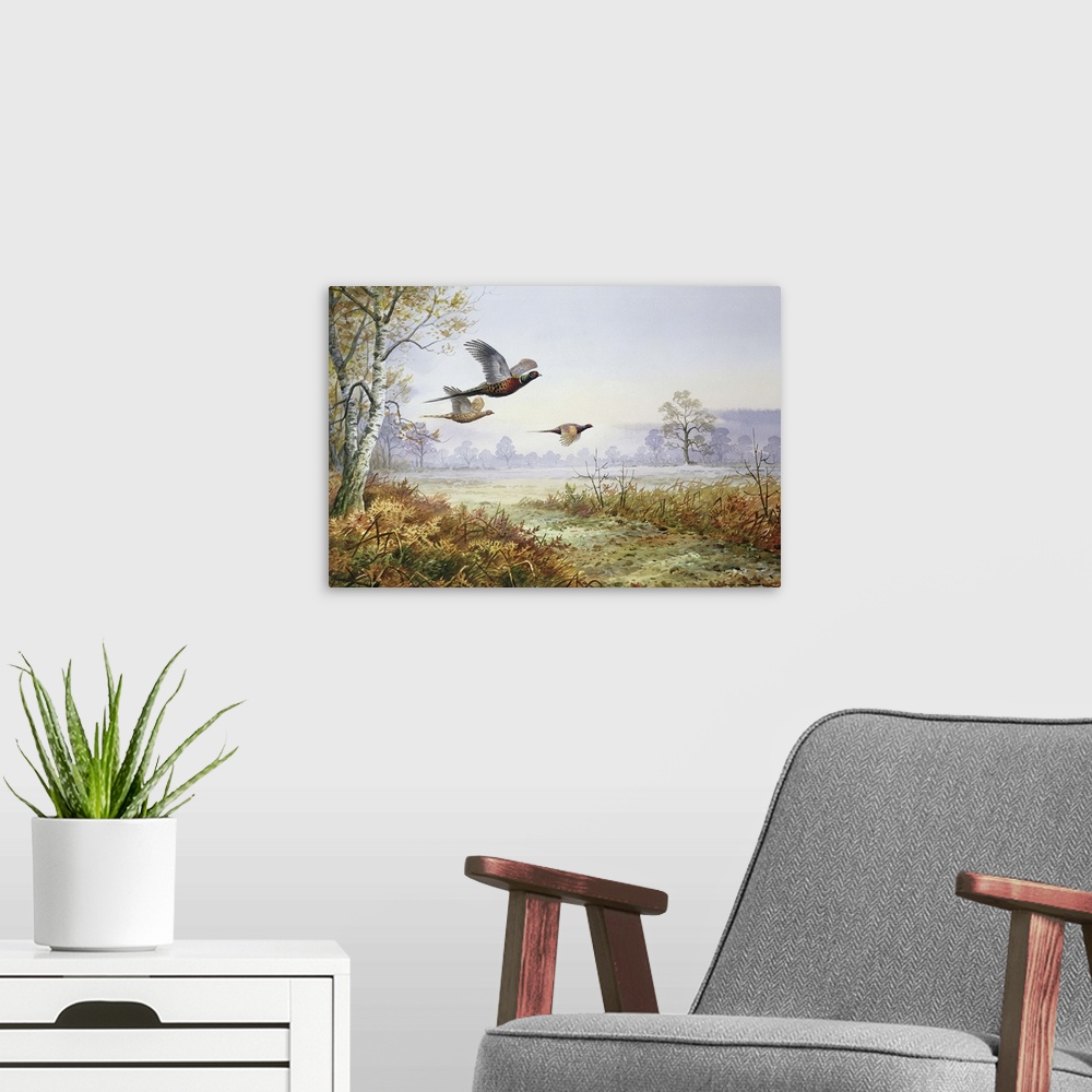 A modern room featuring Pheasants in Flight