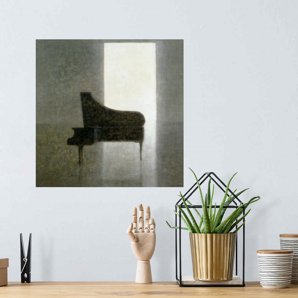 A bohemian room featuring Artwork of a piano in the middle of an empty room. Texture of piece appears botchy.