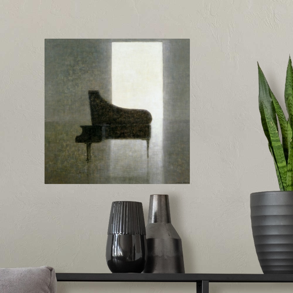 A modern room featuring Artwork of a piano in the middle of an empty room. Texture of piece appears botchy.