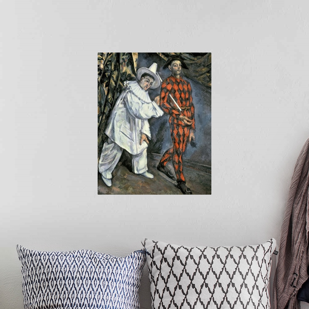 A bohemian room featuring Oil painting on canvas of two people dressed up in costume for Mardi Gras.