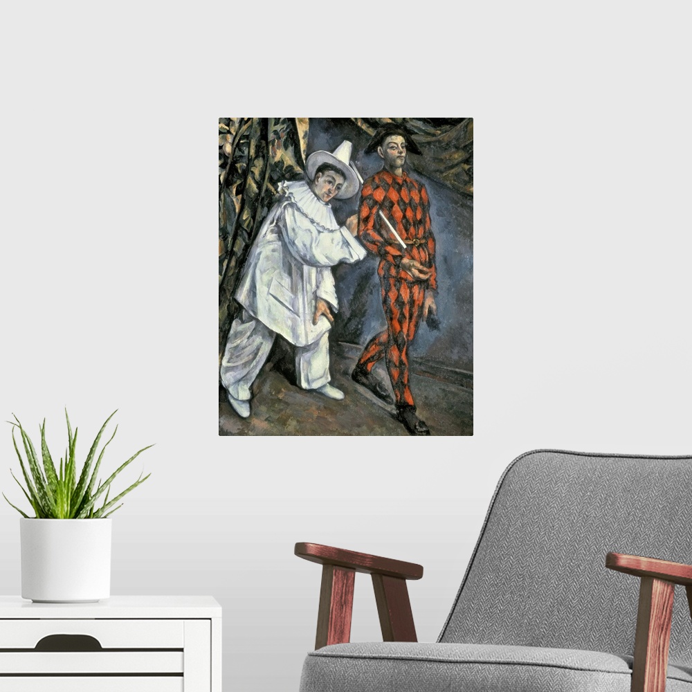 A modern room featuring Oil painting on canvas of two people dressed up in costume for Mardi Gras.