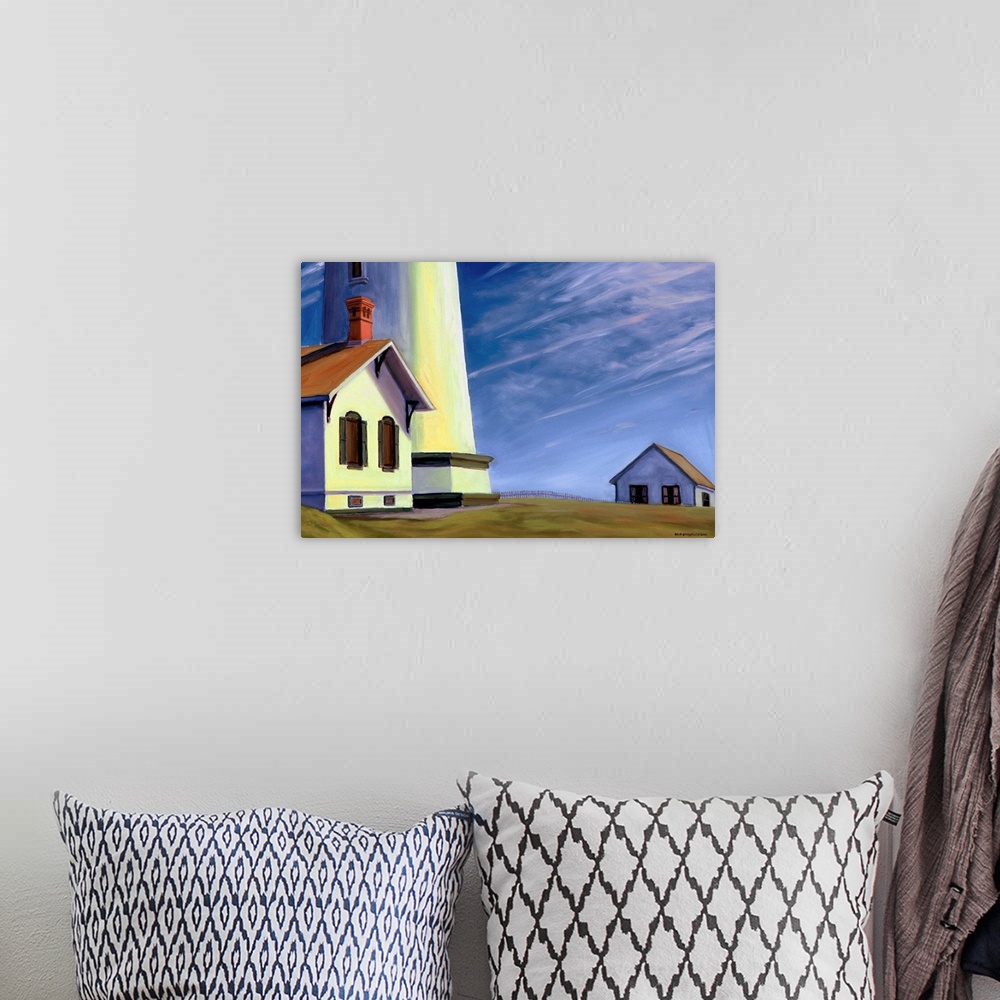 A bohemian room featuring Contemporary artwork of a small house next to a lighthouse on the coast of Washington.
