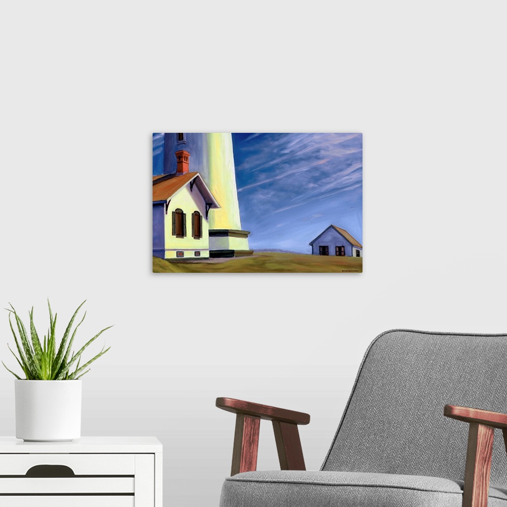 A modern room featuring Contemporary artwork of a small house next to a lighthouse on the coast of Washington.
