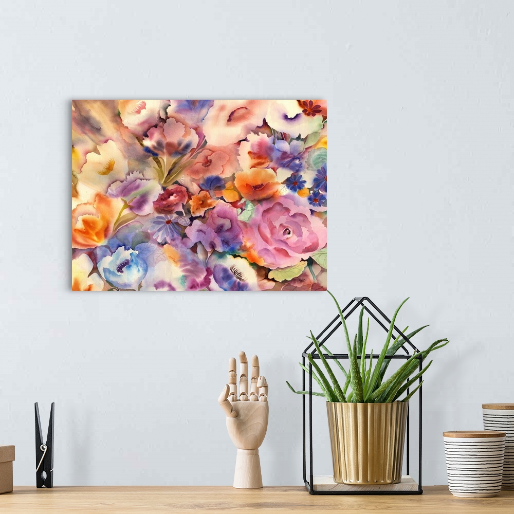 A bohemian room featuring Contemporary watercolor painting multi-colored flowers.