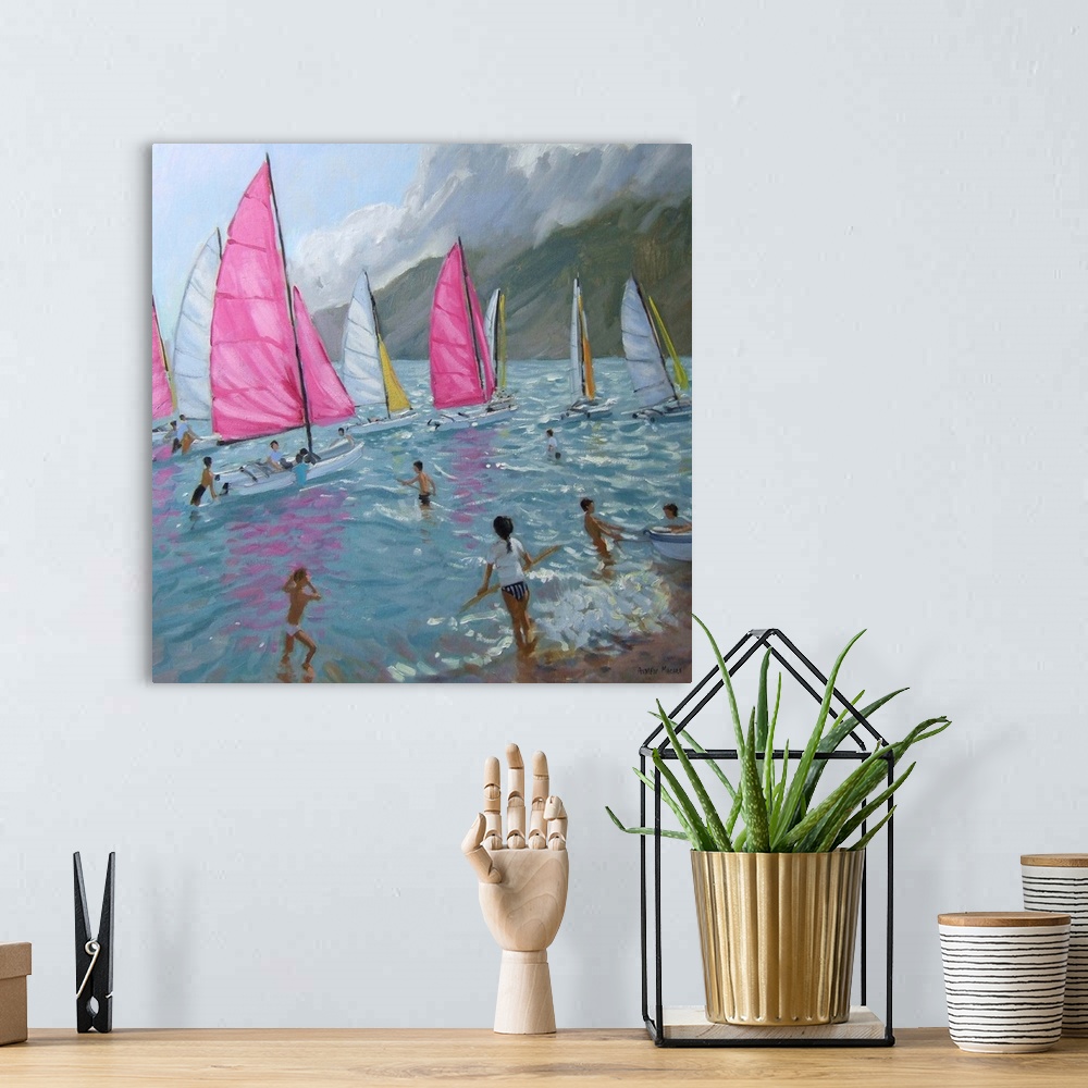A bohemian room featuring Pink and white sails, Lefkas, 2007, (originally oil on canvas) by Macara, Andrew