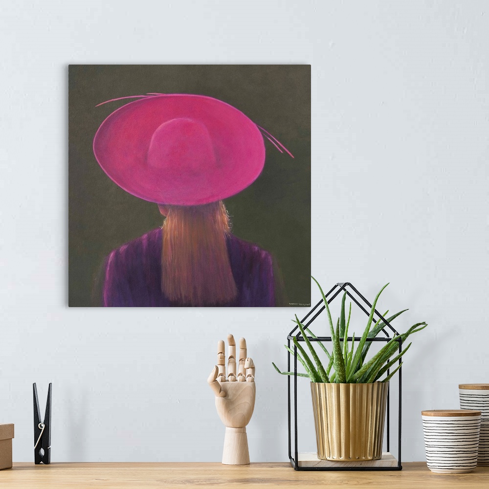 A bohemian room featuring Contemporary painting of a rear view of a woman wearing a pink hat.