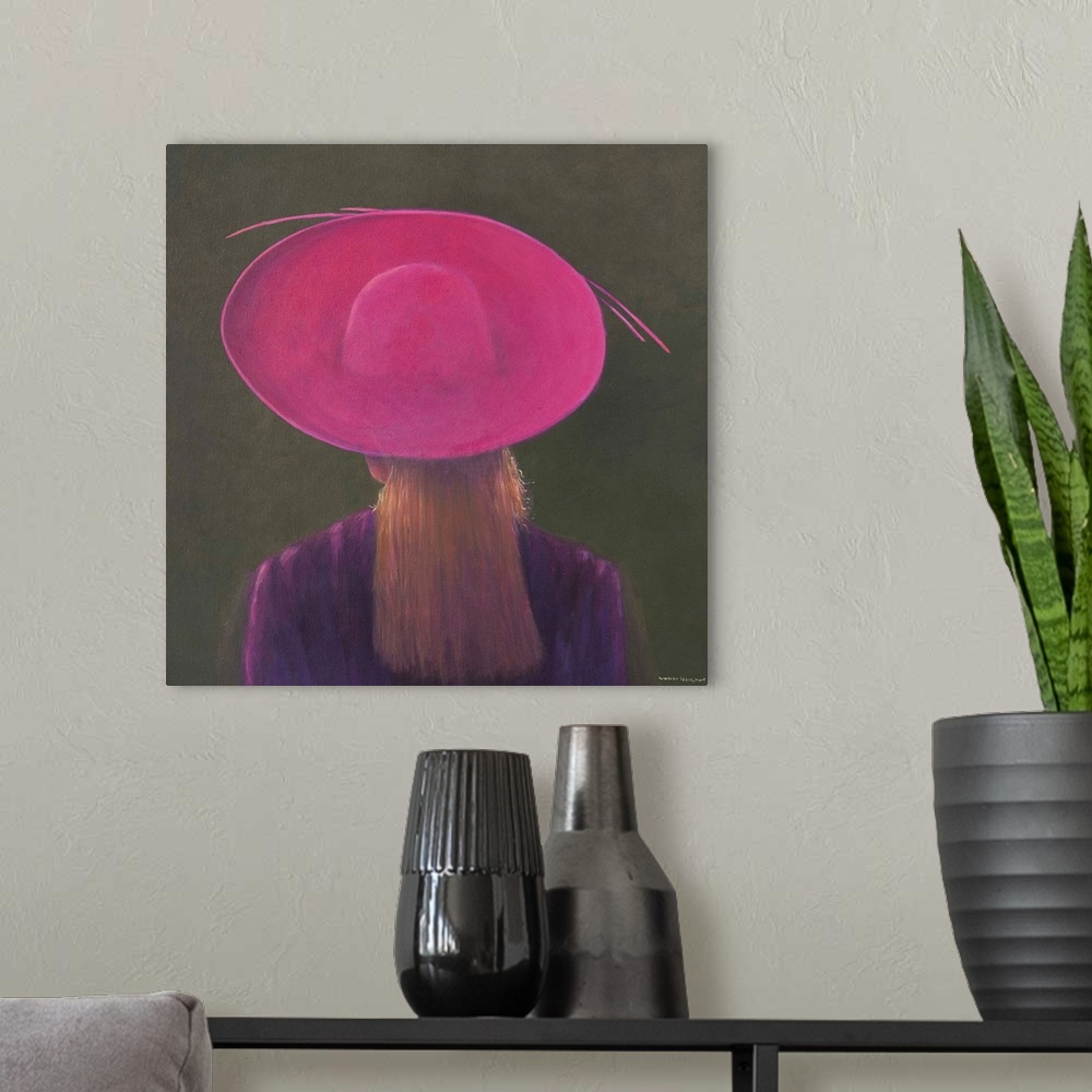 A modern room featuring Contemporary painting of a rear view of a woman wearing a pink hat.
