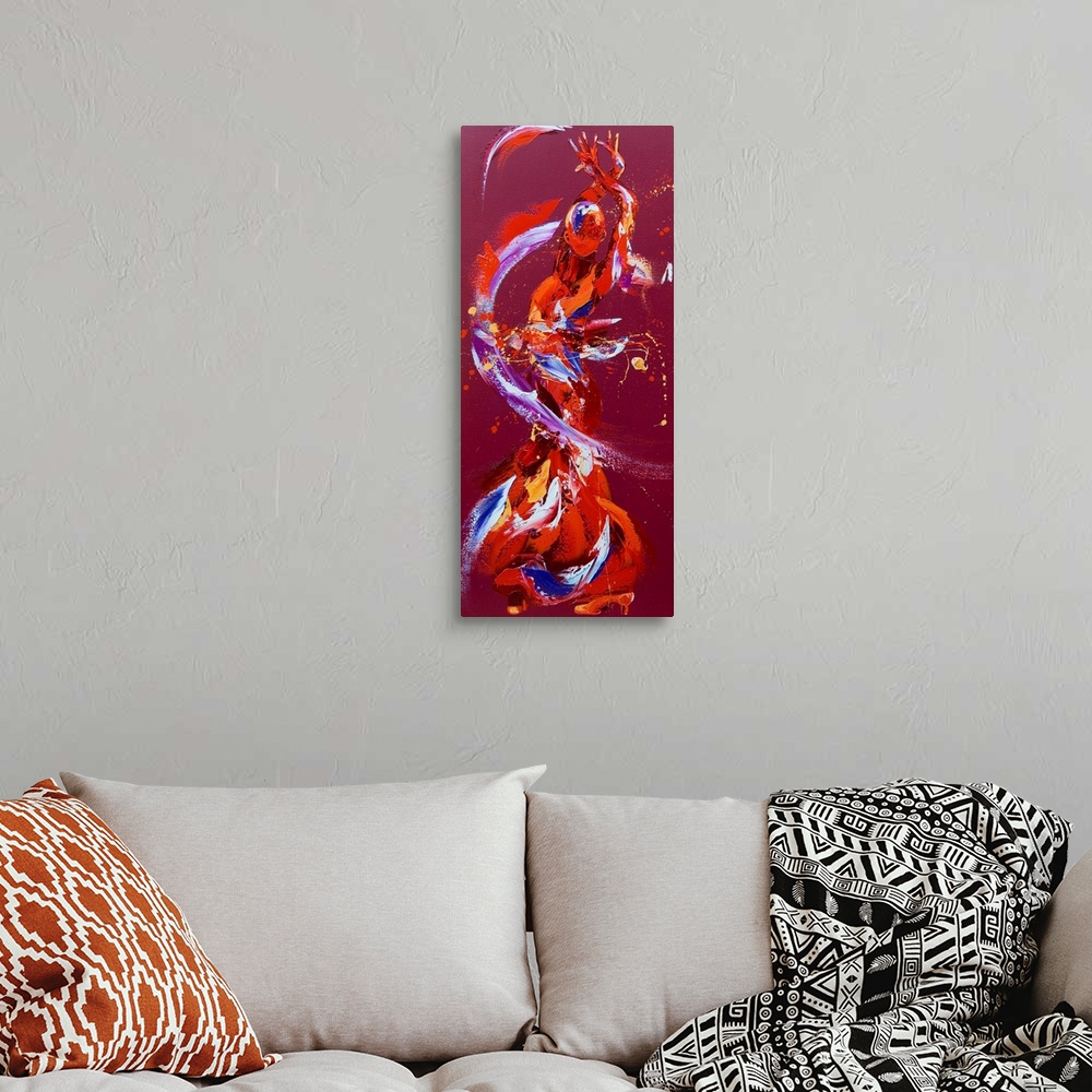 A bohemian room featuring Contemporary painting using deep warm colors to create a woman dancing against a deep red backgro...