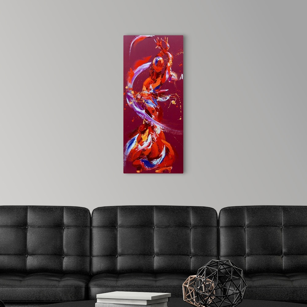 A modern room featuring Contemporary painting using deep warm colors to create a woman dancing against a deep red backgro...