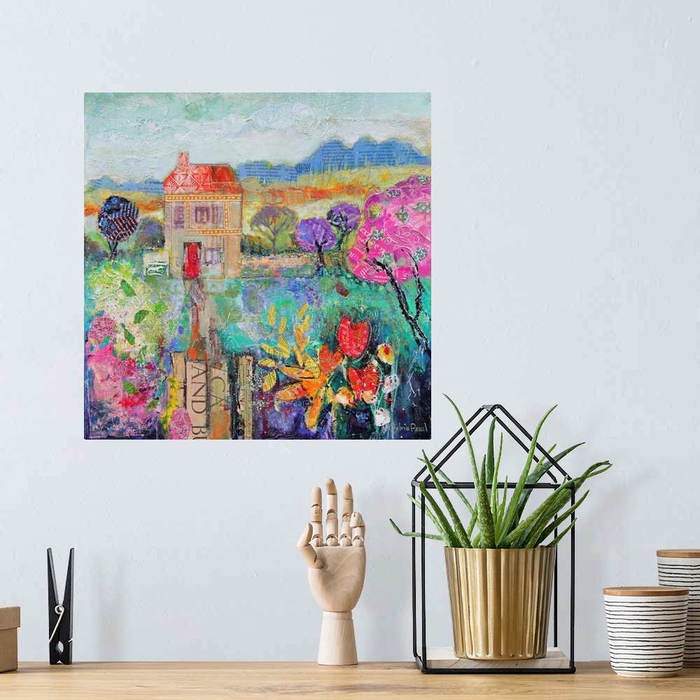 A bohemian room featuring Colorful contemporary painting of a house in the countryside.
