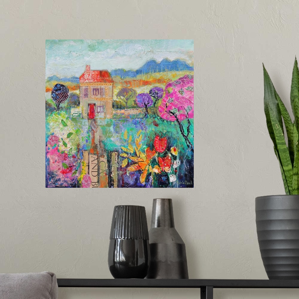 A modern room featuring Colorful contemporary painting of a house in the countryside.