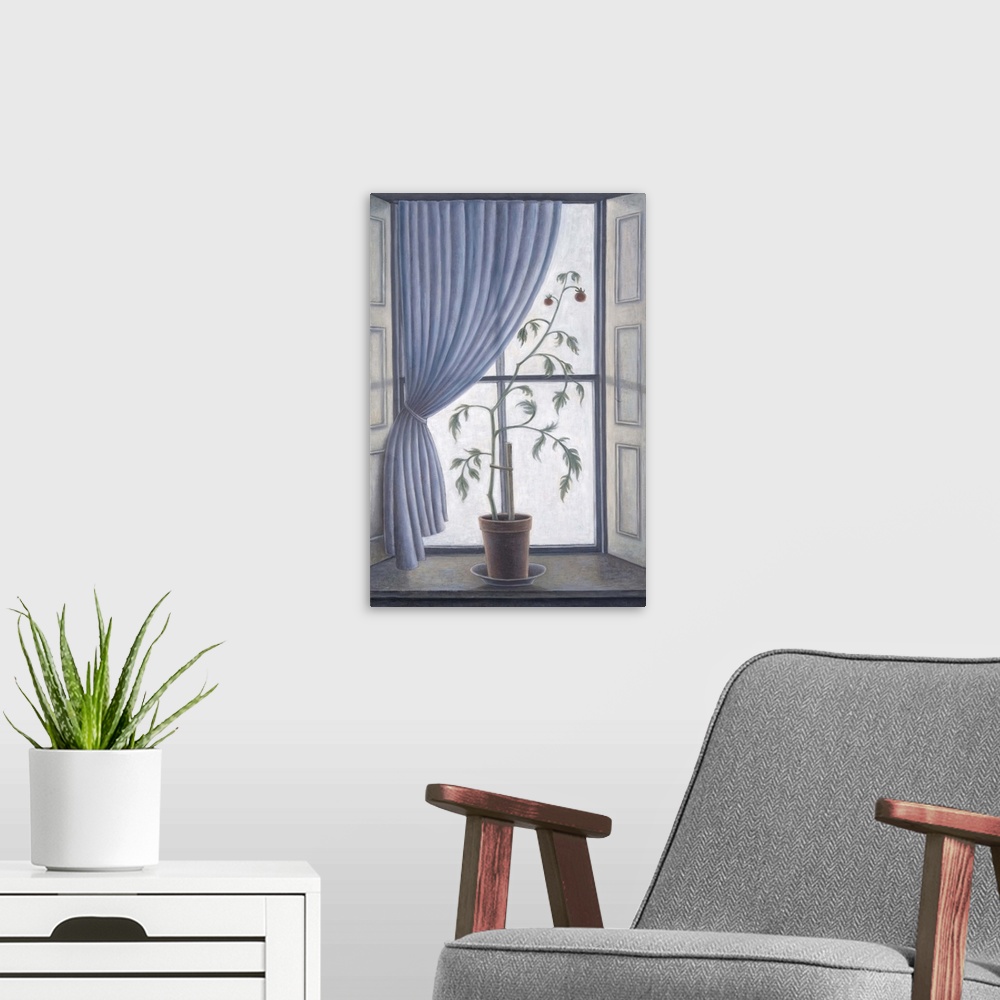 A modern room featuring Contemporary painting of a potted plant on a window sill.
