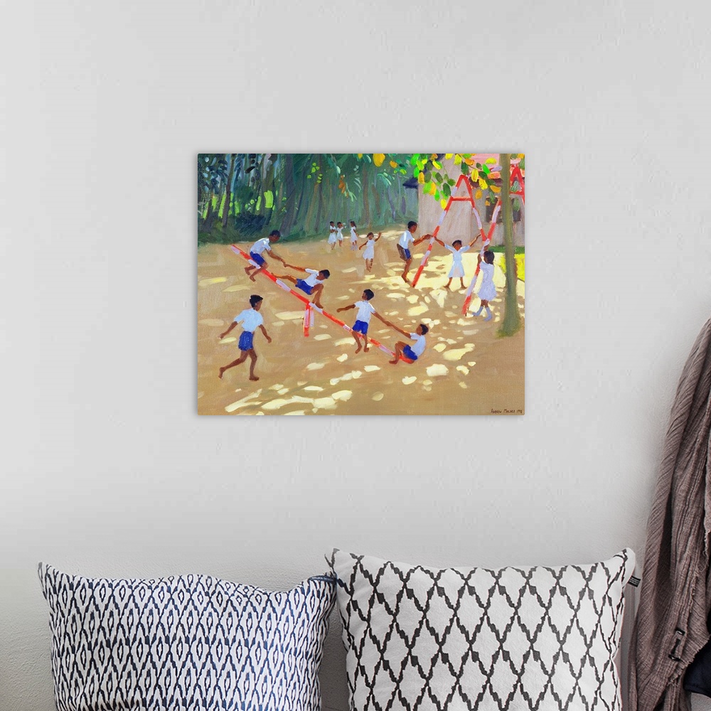 A bohemian room featuring Contemporary painting of children playing on a playground.