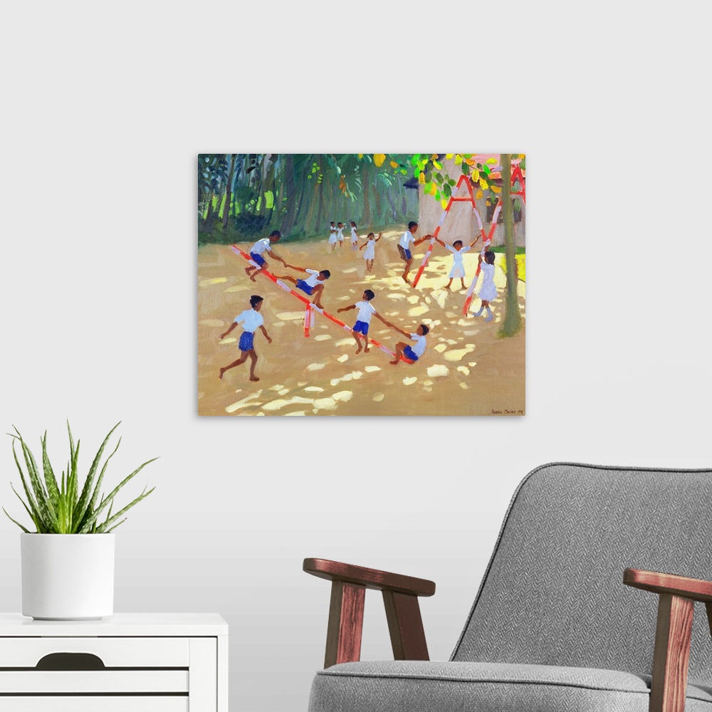 A modern room featuring Contemporary painting of children playing on a playground.