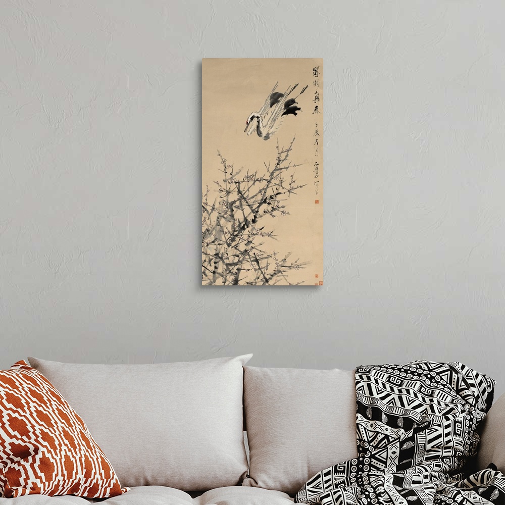 A bohemian room featuring Plum Blossoms, Crane, and Spring, Qing dynasty, 1644-1912, 1824-96, c.1892, hanging scroll; ink a...