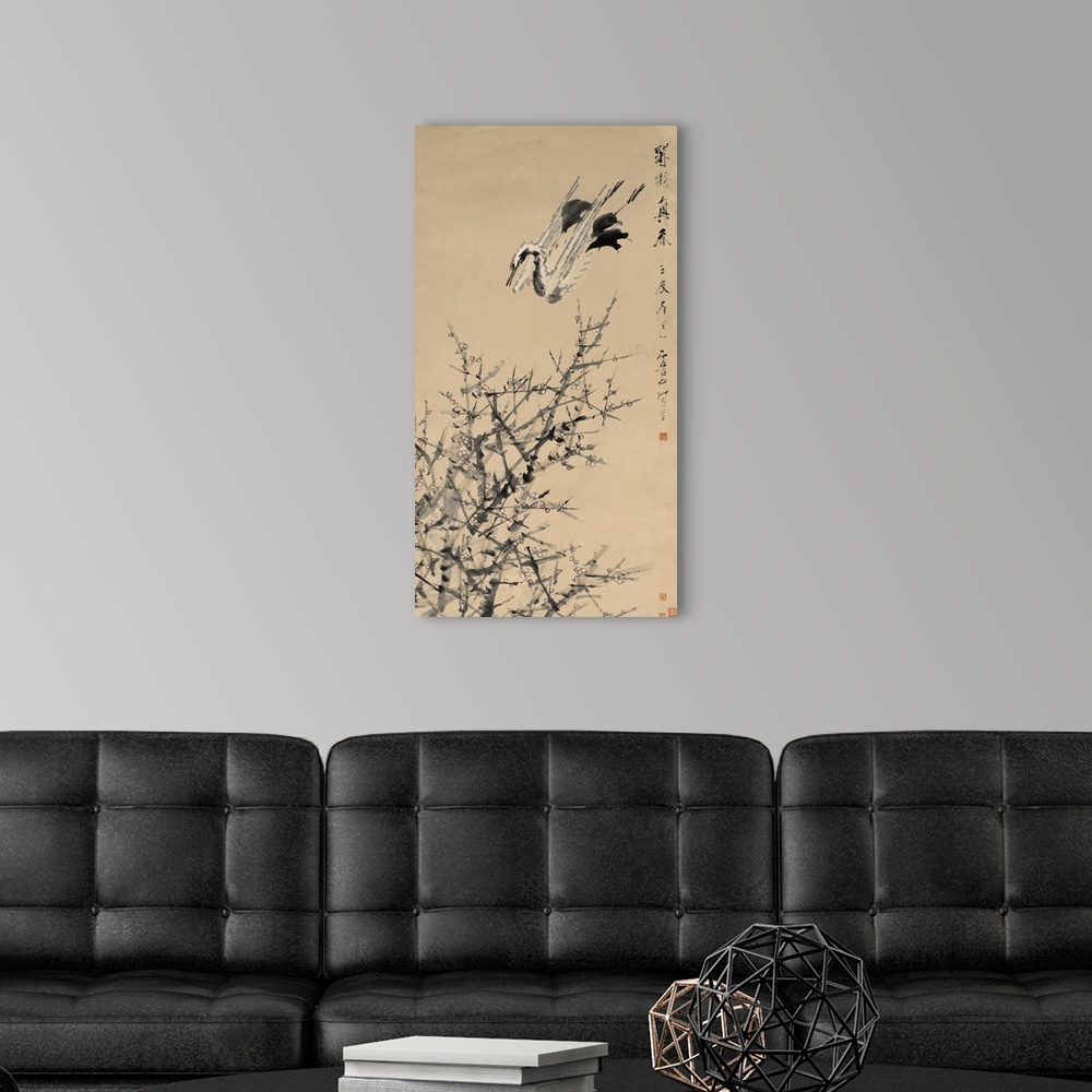 A modern room featuring Plum Blossoms, Crane, and Spring, Qing dynasty, 1644-1912, 1824-96, c.1892, hanging scroll; ink a...