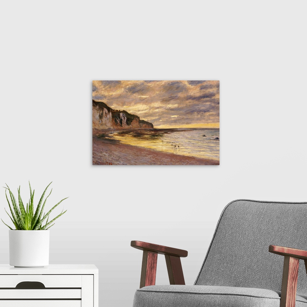 A modern room featuring A classic piece of artwork that is a painted beach scene under a dusk sky with cliffs lining the ...
