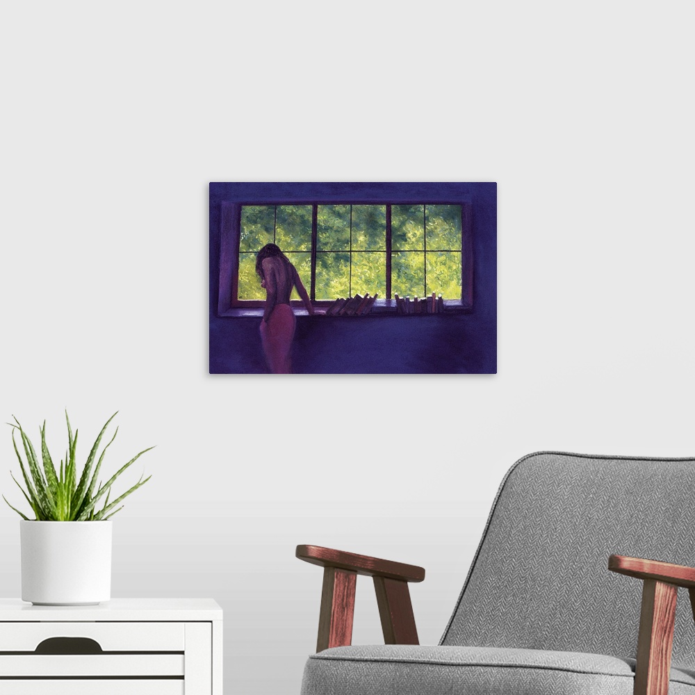 A modern room featuring Contemporary artwork of a woman that you can only see the side and back of as she leans against a...