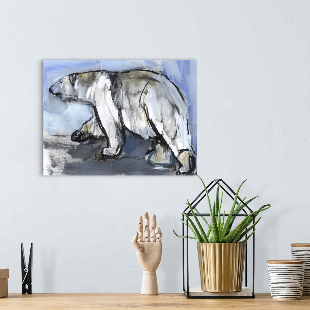 A bohemian room featuring Contemporary artwork of a polar bear against a blue icy background.