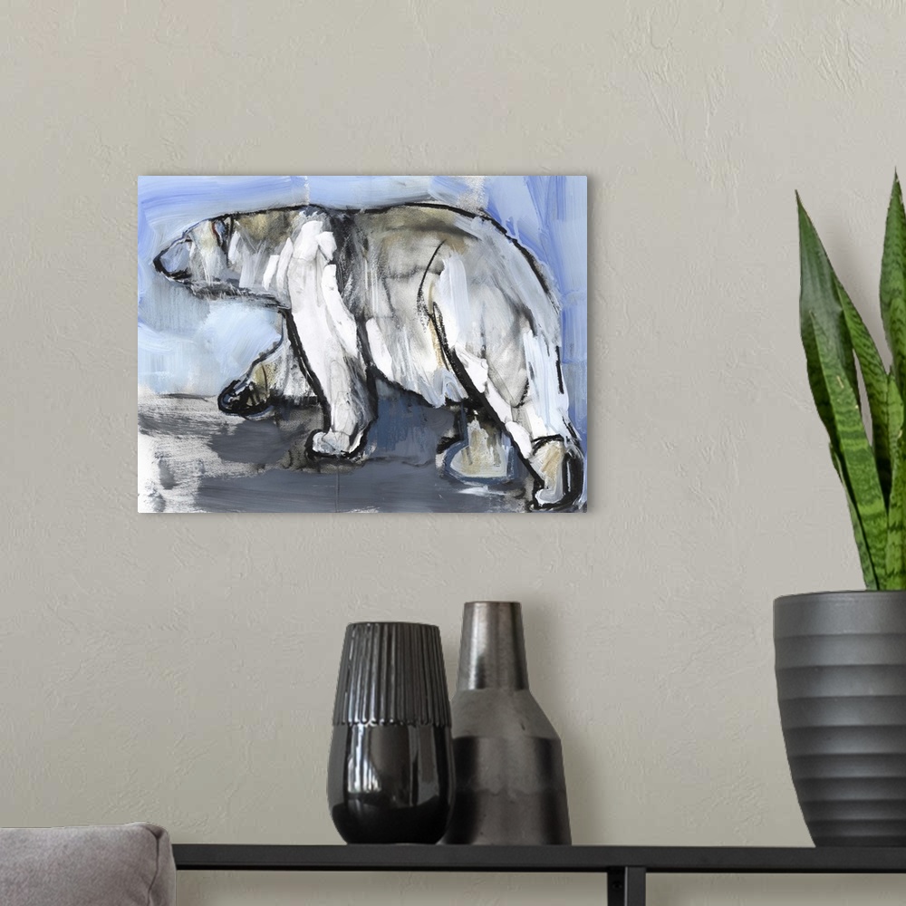 A modern room featuring Contemporary artwork of a polar bear against a blue icy background.