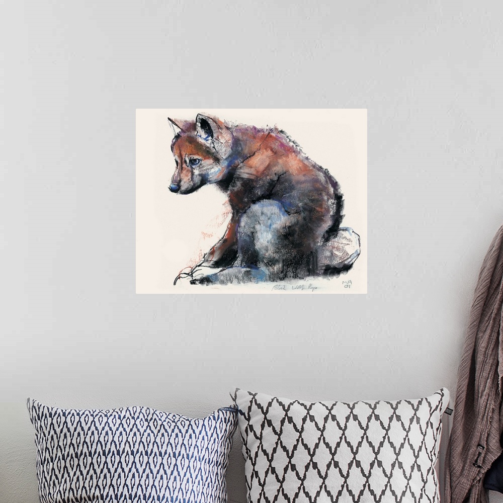 A bohemian room featuring Charcoal painting of a small wolf pup on a blank background.