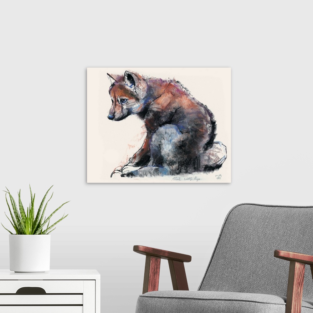 A modern room featuring Charcoal painting of a small wolf pup on a blank background.