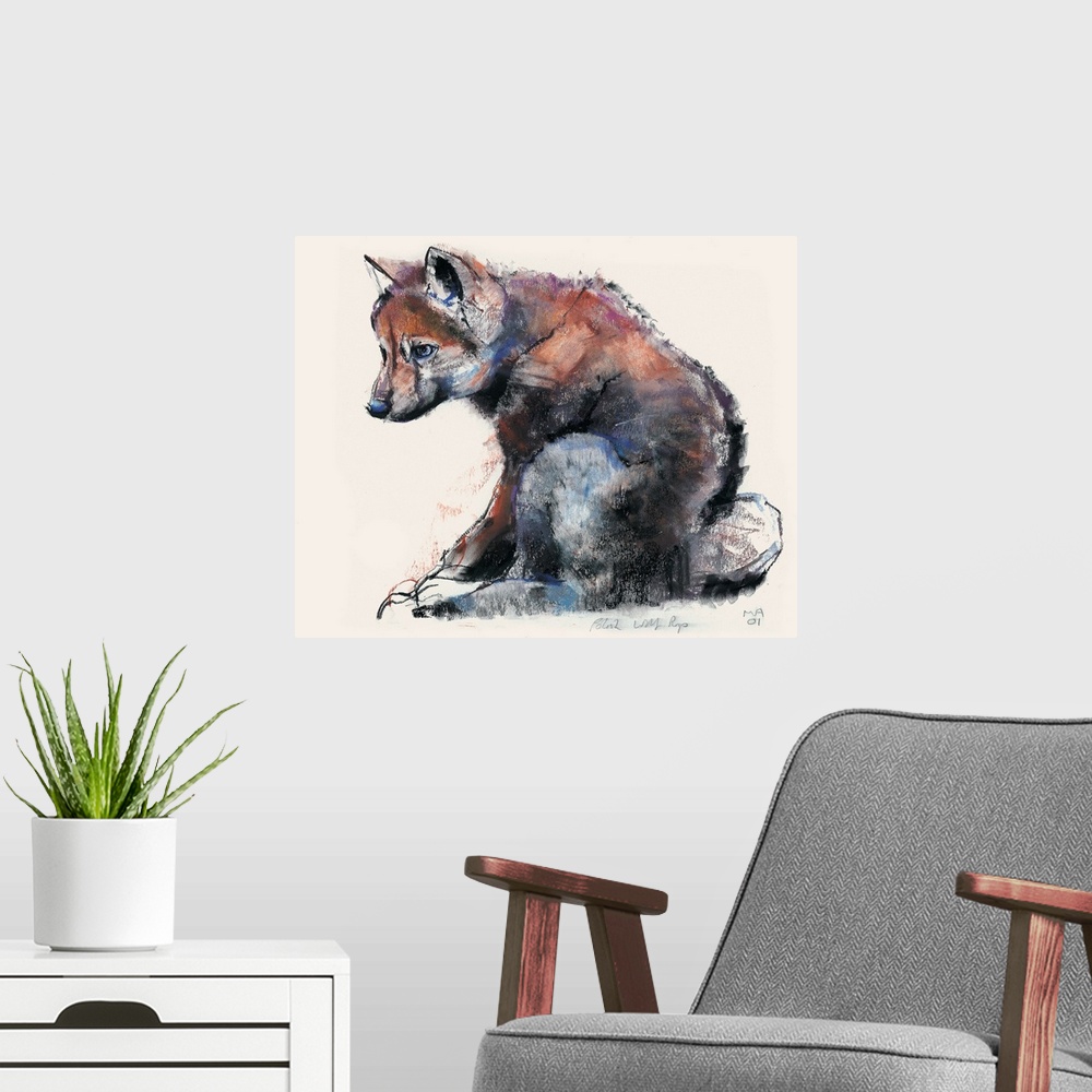 A modern room featuring Charcoal painting of a small wolf pup on a blank background.