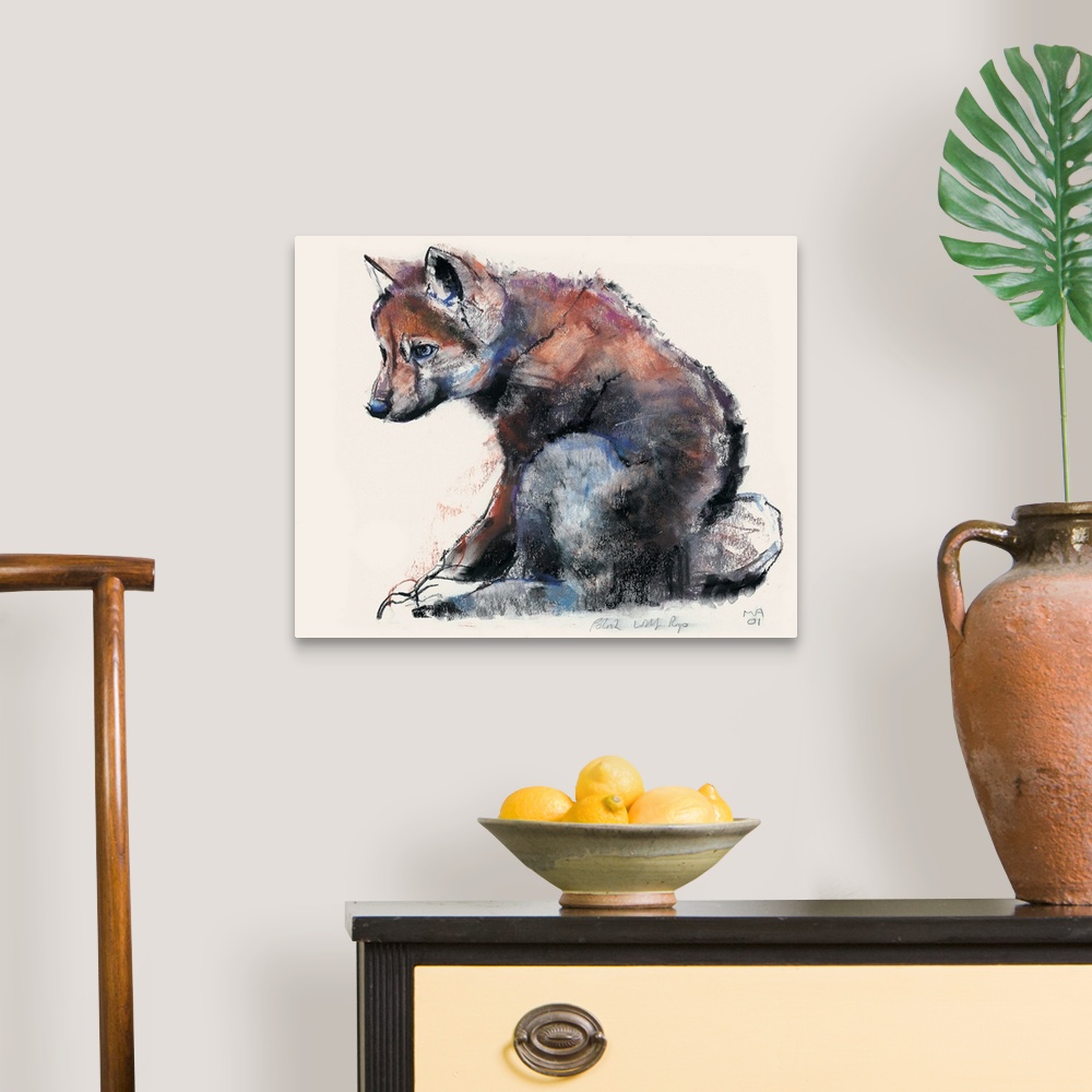A traditional room featuring Charcoal painting of a small wolf pup on a blank background.