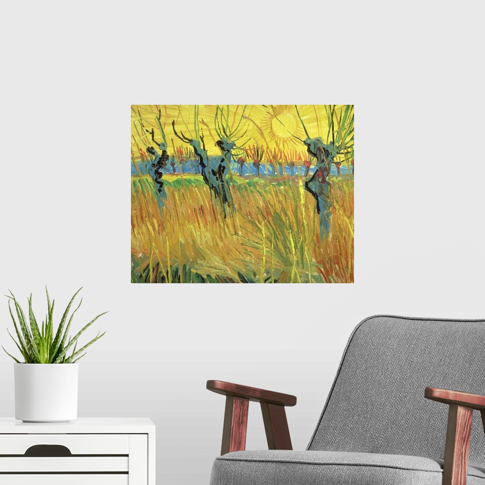 A modern room featuring Classical art painting of willow trees sticking up in high grass as the sun sets in the background.