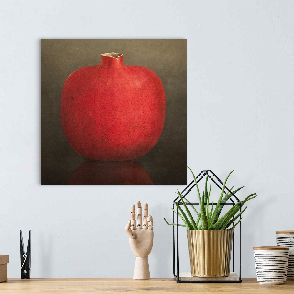 A bohemian room featuring Up-close painting of a piece of fruit sitting on a reflective surface.