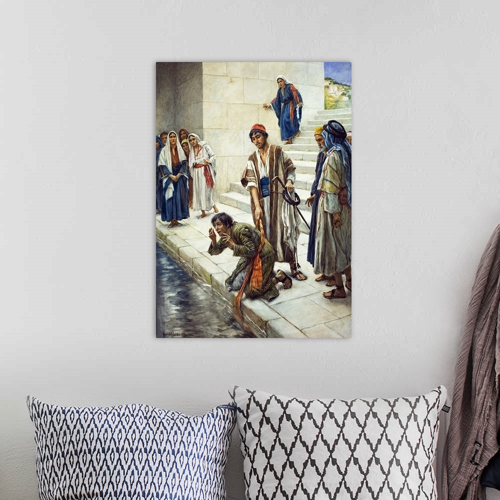 A bohemian room featuring Pool. Original artwork for Look and Learn or The Bible Story.  Blind man being healed at the Pool...