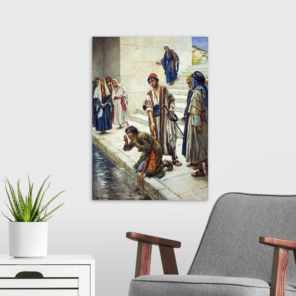 A modern room featuring Pool. Original artwork for Look and Learn or The Bible Story.  Blind man being healed at the Pool...