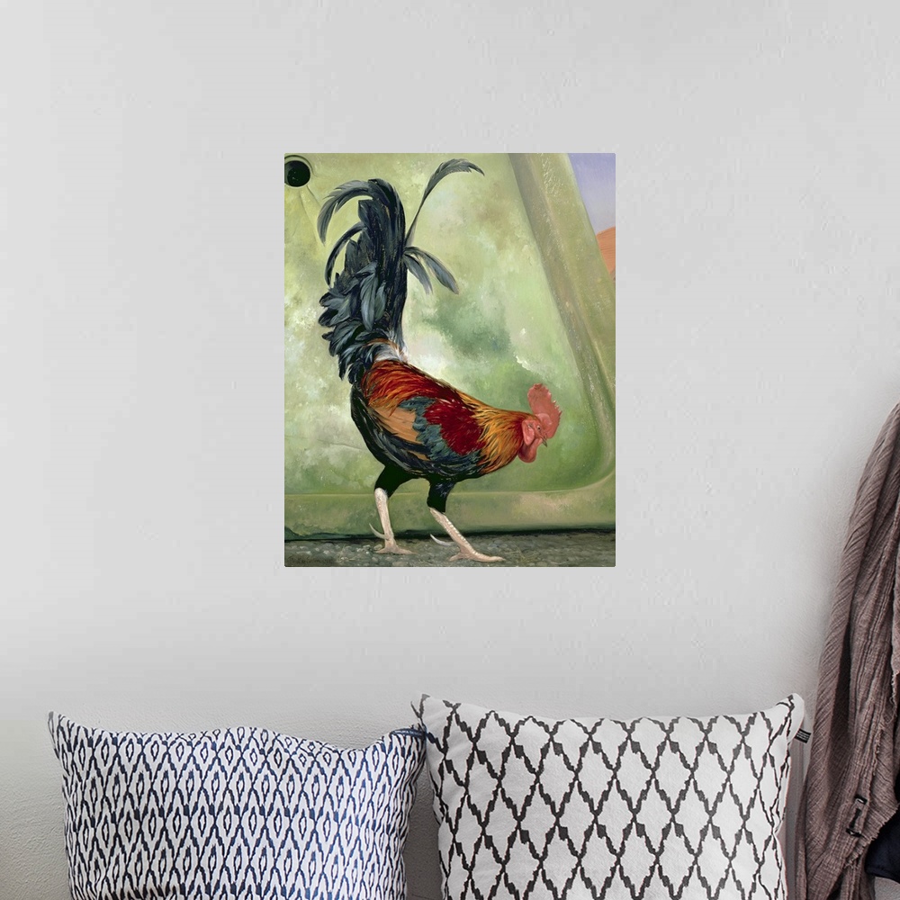 A bohemian room featuring Traditional painting of a rooster with long spurs and tail feathers.