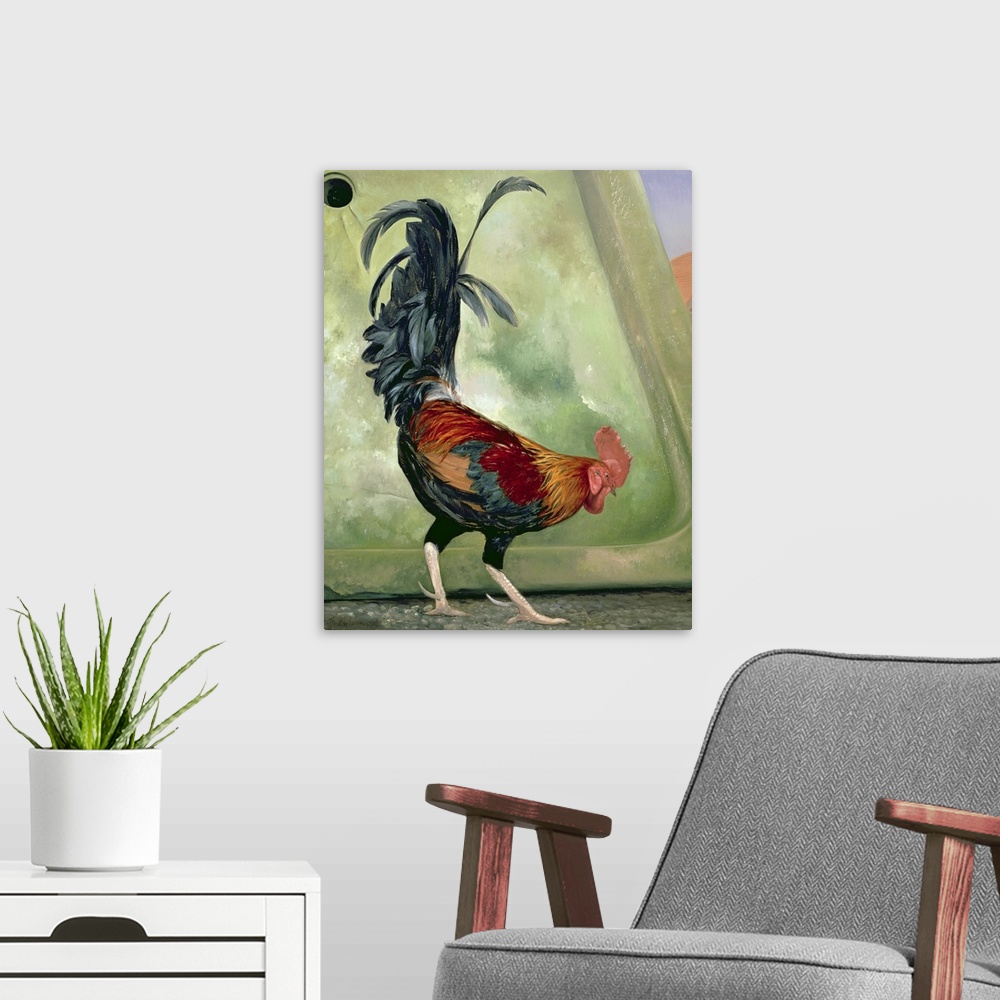 A modern room featuring Traditional painting of a rooster with long spurs and tail feathers.