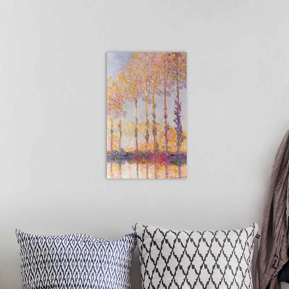 A bohemian room featuring This Impressionist vertical panting makes use of a pastel color palette to capture the fading day...