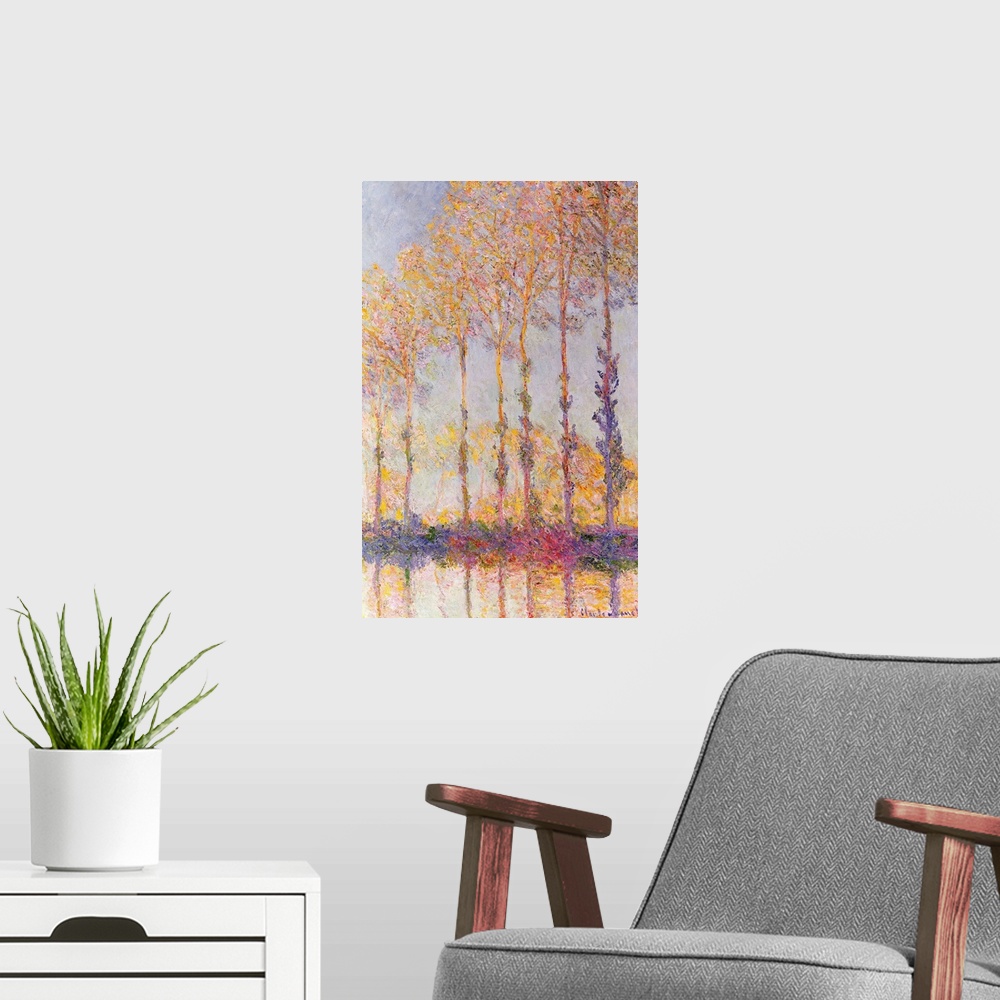 A modern room featuring This Impressionist vertical panting makes use of a pastel color palette to capture the fading day...