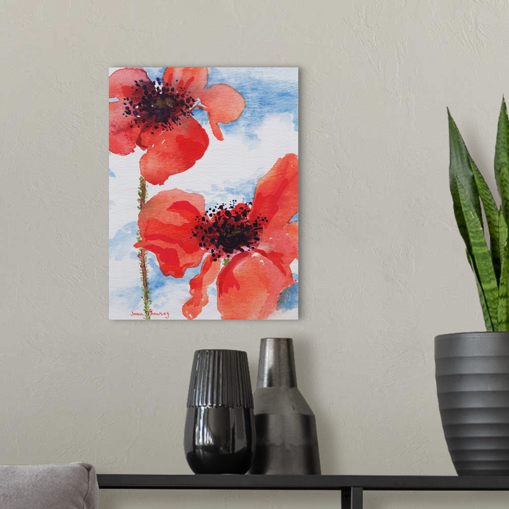 A modern room featuring Poppies, originally watercolor on paper.