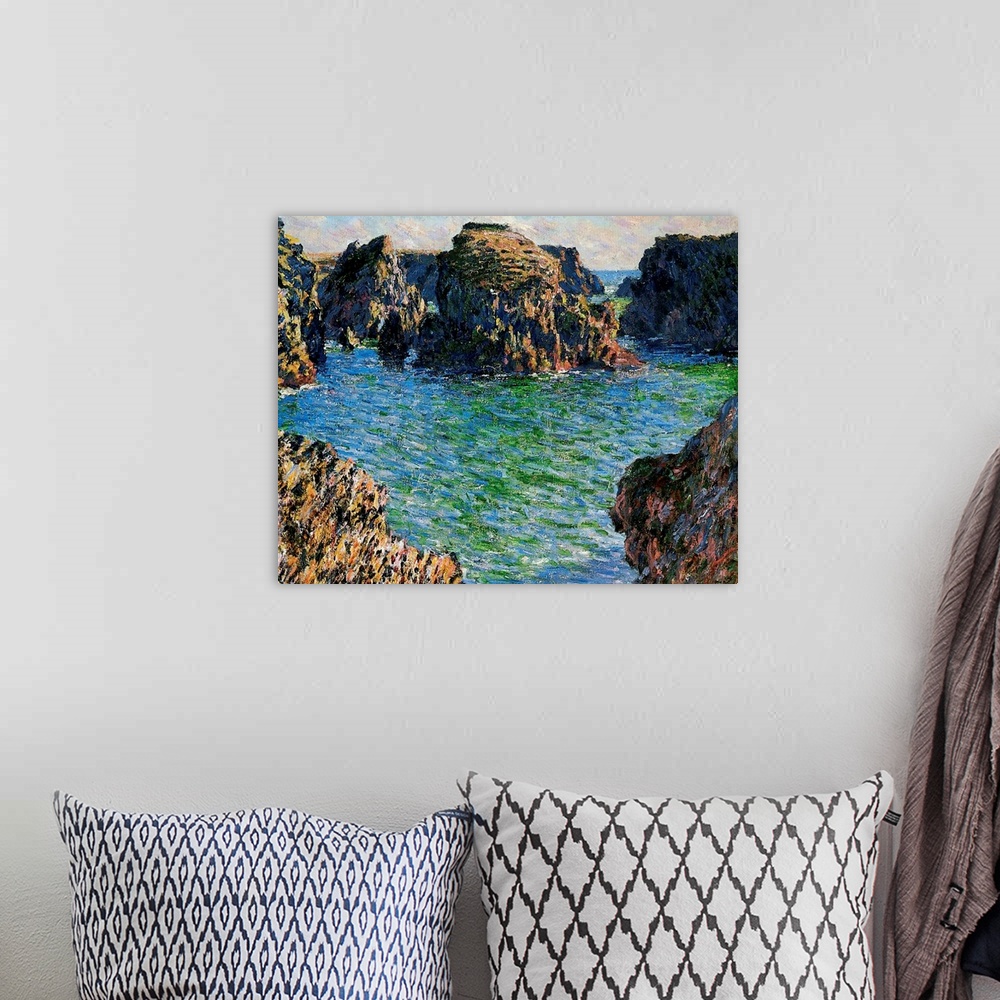 A bohemian room featuring Big oil painting on canvas of large rock formations surrounded by water in the ocean.