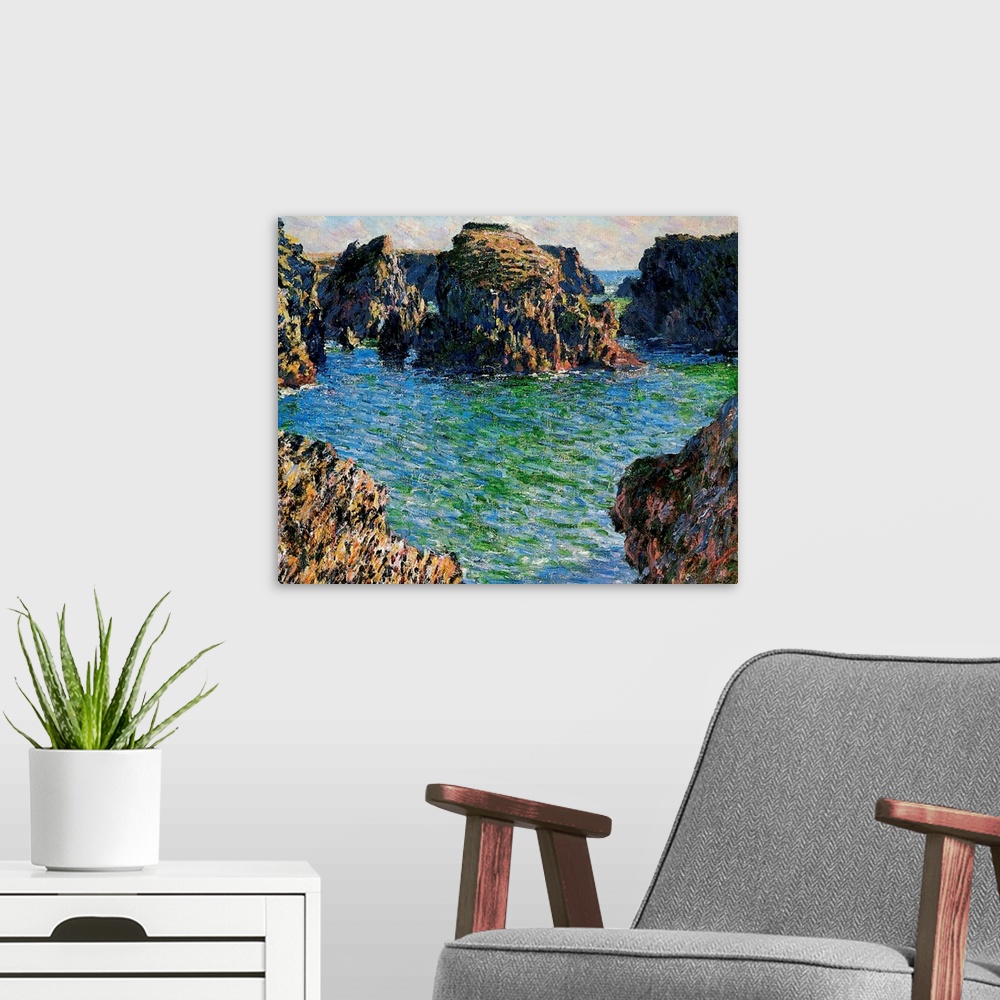 A modern room featuring Big oil painting on canvas of large rock formations surrounded by water in the ocean.