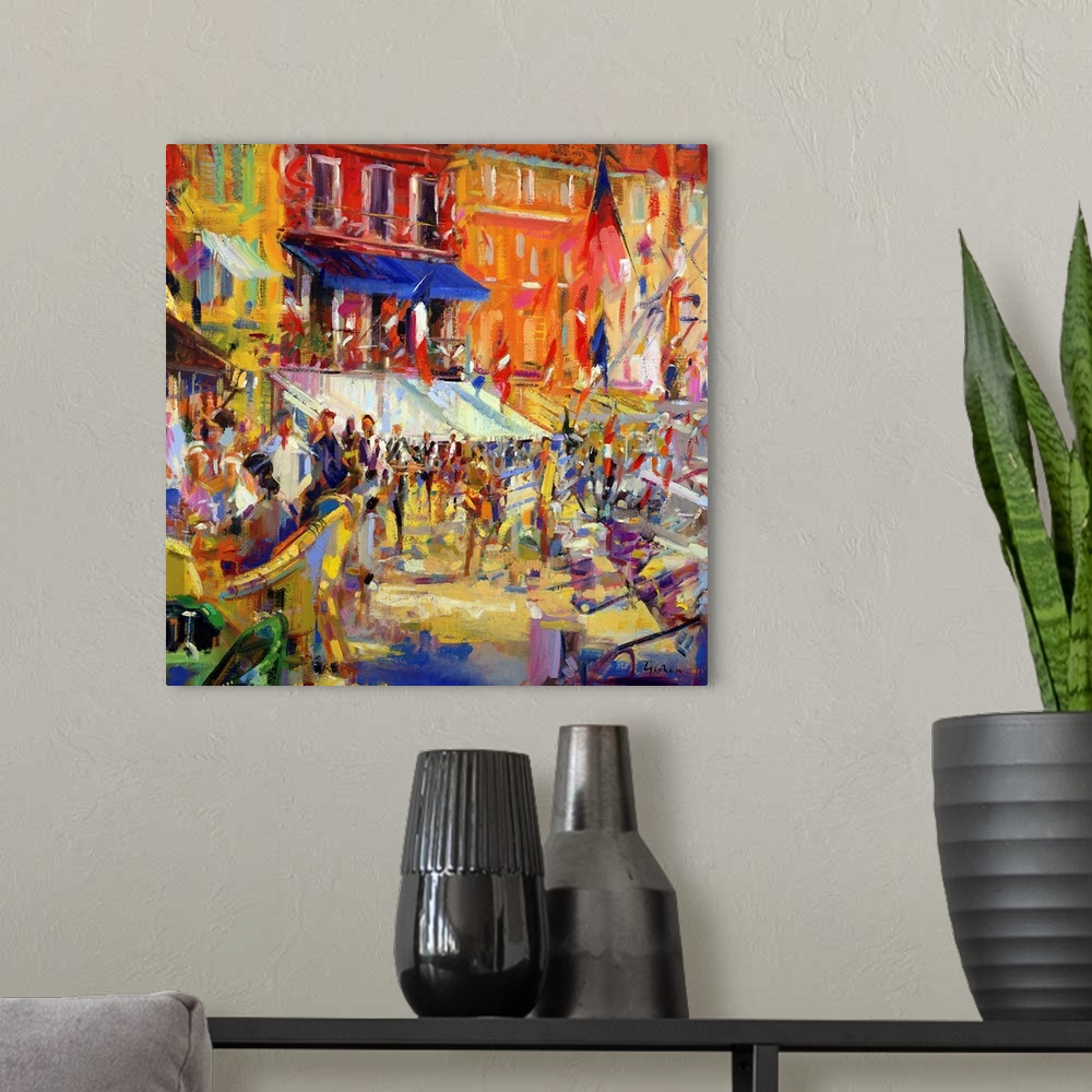 A modern room featuring Colorful bright oil painting of street carnival with flags blowing in the wind.