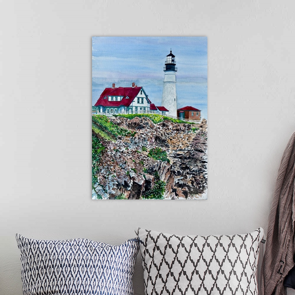 A bohemian room featuring Portland Headlight, Maine, 2014 (originally watercolor) by Butera, Anthony