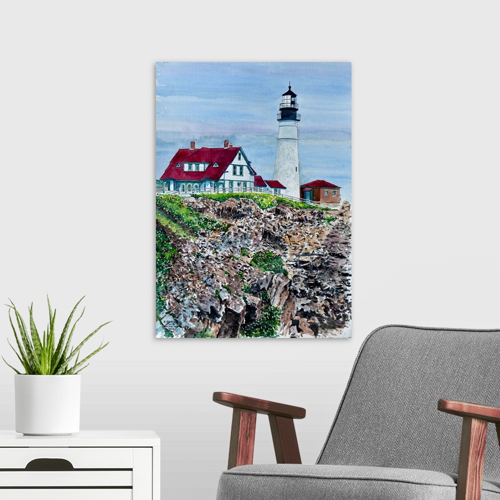 A modern room featuring Portland Headlight, Maine, 2014 (originally watercolor) by Butera, Anthony