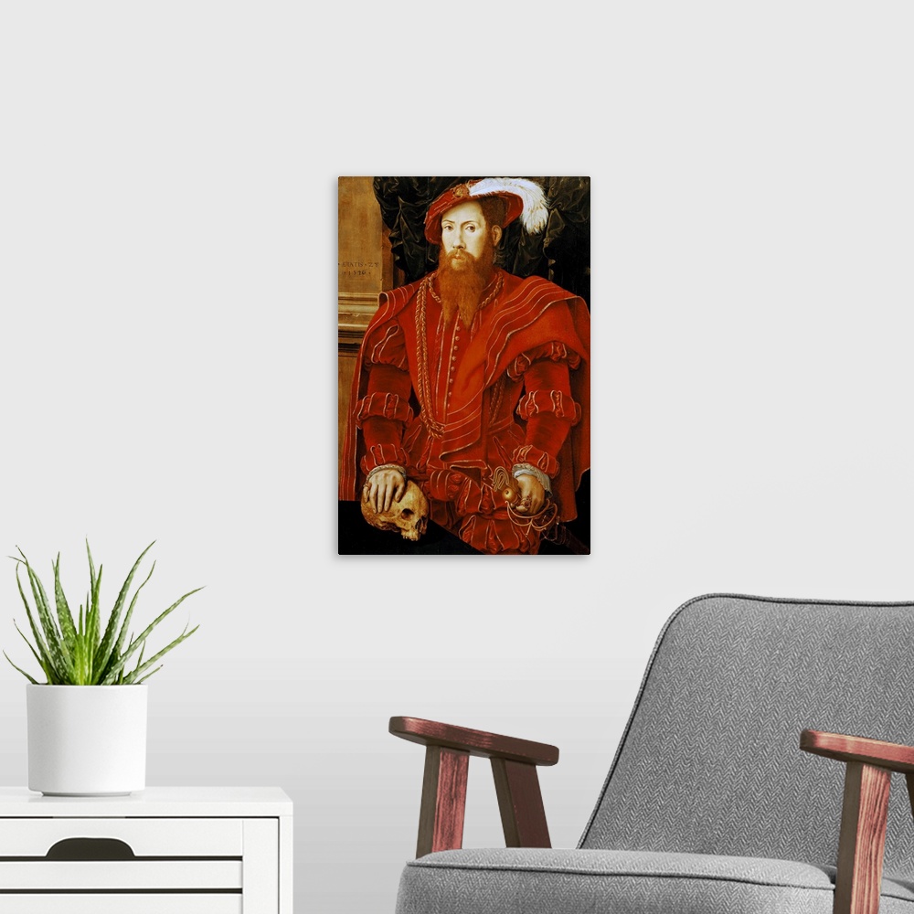 A modern room featuring XIR182535 Portrait of a Gentleman of the English Court, 1546 (oil on panel) by Eworth or Ewoutsz,...