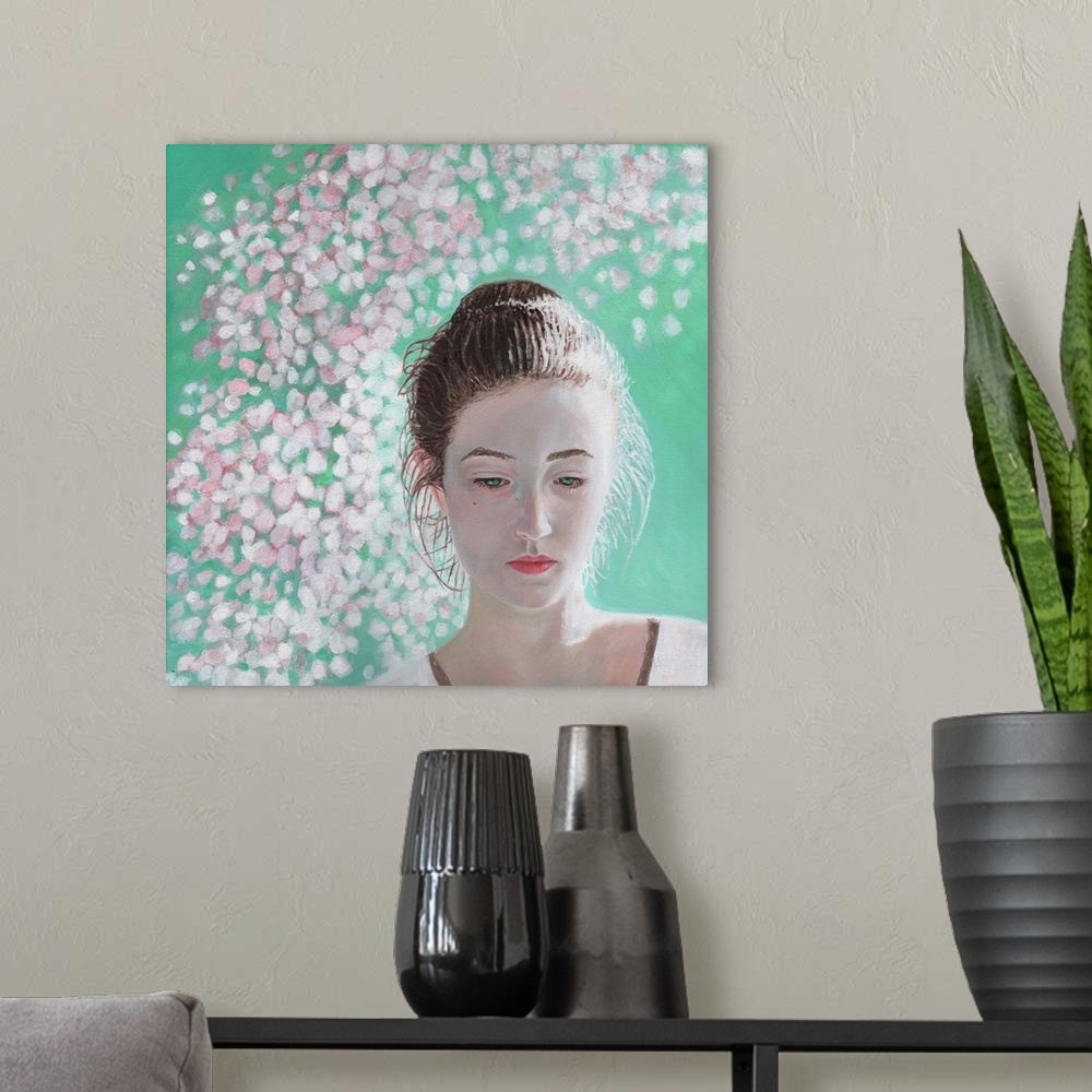 A modern room featuring Portrait of a girl blossoming, 2015, (originally oil on canvas) by White, Helen