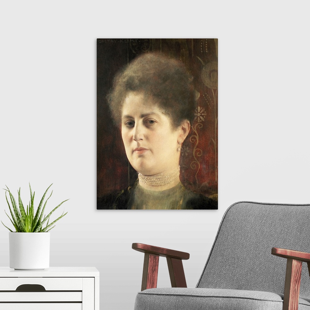 A modern room featuring Classic piece of artwork that is a portrait of a woman in front of a red background that has flor...