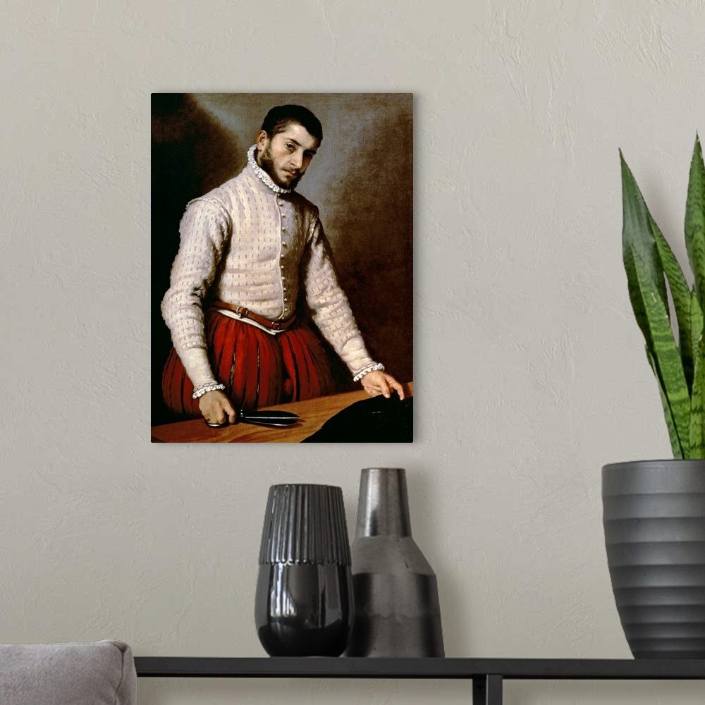 A modern room featuring XCF966 Portrait of a Man (The Tailor) c.1570 (oil on canvas)  by Moroni, Giovanni Battista (c.152...