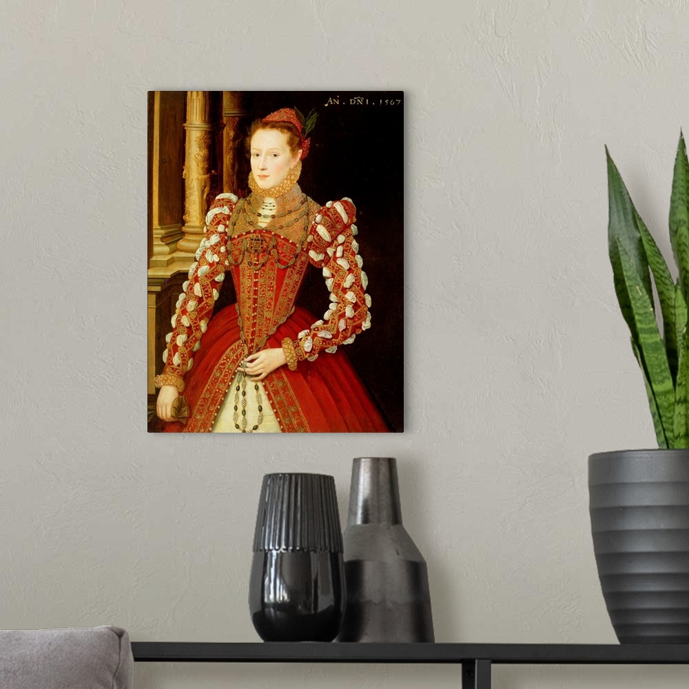 A modern room featuring XYC153957 Portrait of a Woman, 1567 (oil on panel) by English School, (16th century)