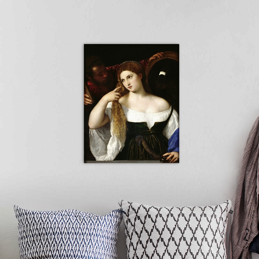 A bohemian room featuring XIR57328 Portrait of a Woman at her Toilet, 1512-15 (oil on canvas)  by Titian (Tiziano Vecellio)...